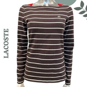 Classic Breton-Inspired Lacoste Stripe Long Sleeve Top Brown Cream Red Small 6